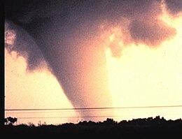 A conical, gray funnel cloud is silhouetted against a creamy background