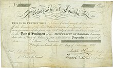 Share no. 1105 in the University of London, issued 3 February 1829 University of London 1829.jpg