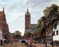 View of the Oude Kerk in Delft, seen from the Oude Delft label QS:Len,"View of the Oude Kerk in Delft, seen from the Oude Delft" label QS:Lpl,"Widok Oude Kerk w Delft, widziany z Oude Delft" label QS:Lnl,"Gezicht op de Oude Kerk in Delft, gezien vanaf de Oude Delft" circa 1670-1675. oil on panelmedium QS:P186,Q296955;P186,Q106857709,P518,Q861259. Detroit, Detroit Institute of Arts.