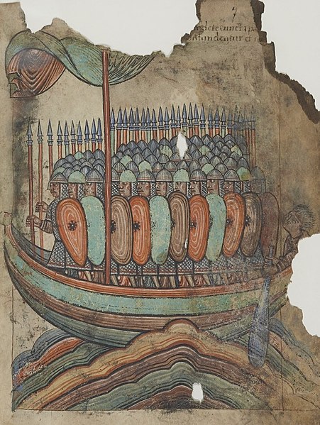 Depiction of Vikings sailing a longship from c. 1100
