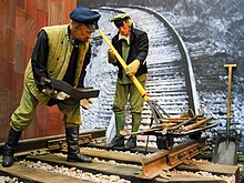 A life size diorama of Soviet track workers repairing railway tracks at the Museum of the Moscow Railway WORKERS.jpg