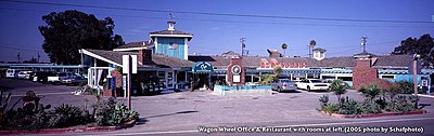 The Wagon Wheel's Office and Restaurant as viewed from the 101 freeway before being closed in 2005. Wagon Wheel-Office-restaurant.jpg