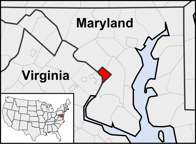 Washington, D.C. markerat på USA-kartan i relation till delstaterna Maryland och Virginia.