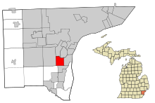 Áreas de Wayne County Michigan Incorporated e Unincorporated Southgate realçadas.
