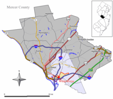 Map of White Horse CDP in Mercer County. Inset: Location of Mercer County in New Jersey.