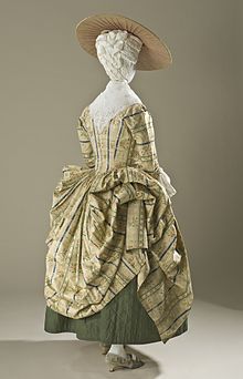 Robe a la polonaise, silk plain weave with supplementary warp- and weft-float patterning. France, c. 1775. Los Angeles County Museum of Art, M.70.85. Woman's Robe a la Polonaise (Close-bodied Gown) LACMA M.70.85 (10 of 10).jpg