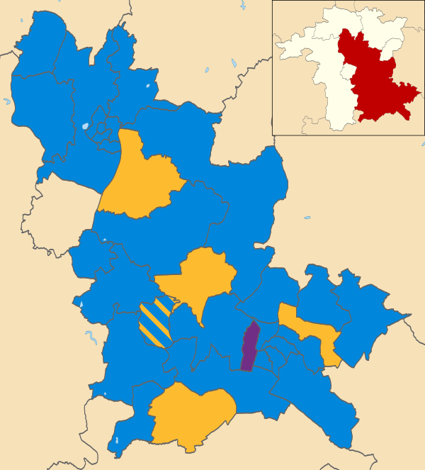 Map of the results of the 2015 Wychavon District Council election. Conservatives in blue, Liberal Democrats in yellow and UK Independence Party in purple. Wychavon UK local election 2015 map.svg