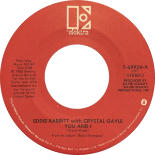 <span class="mw-page-title-main">You and I (Eddie Rabbitt and Crystal Gayle song)</span> 1982 single by Eddie Rabbitt & Crystal Gayle