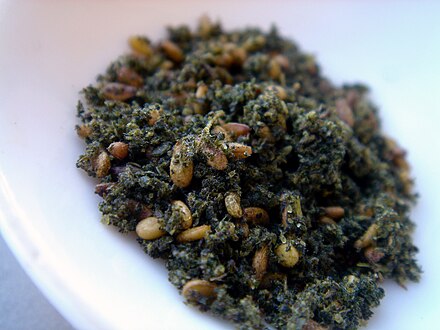 Close-up image of za'atar, a blend of herbs, sesame, and salt