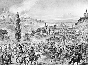 Entry of the Jaeger Major General Lazarev regiment into Tbilisi on November 26, 1799. Vstuplenie Egerskogo polka v Tiflis (1799).jpg