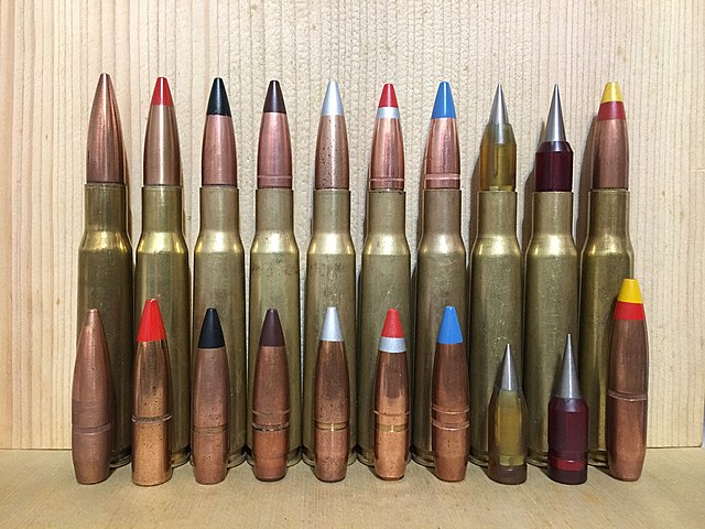 .50 BMG rounds and projectiles. Left to right: M2 ball M1 tracer M2 armor piercing M17 tracer M8 armor piercing incendiary M20 armor piercing incendia