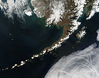 The Aleutian Islands and the Alaskan peninsula, seen from orbit.