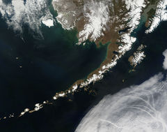 Aleutské ostrovy vyfotografované z ISS