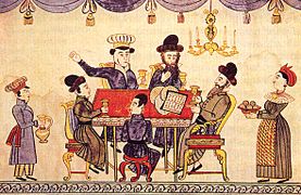 Art asquenazita. Lubok, 1850. Família jueva celebrant la Pésaj, amb l'Hagadà oberta sobre la taula.