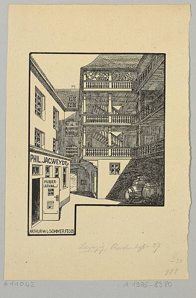 File:1905 Arthur W. L. Sommer Holzschnitt Haus in der Reichsstraße 27 in Leipzig, Ansicht vom Hof mit "Probierstube", mit Bleistift verortet, Staatliche Kunstsammlungen Dresden.jpg