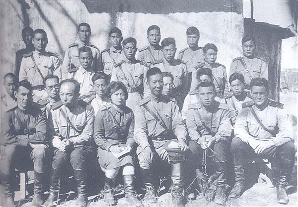 Members of the 88th Separate Rifle Brigade, an international military unit of the Red Army, in 1943. Kim is sitting in the front row, second from the 