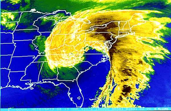 A satellite image of the Storm of the Century on March 13, 1993.