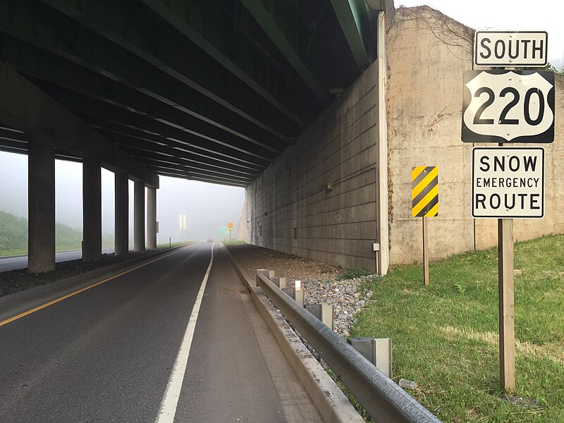 File:2016-06-18 06 35 33 View south along U.S. Route 220 (McMullen Highway) at Interstate 68 and U.S. Route 40 (National Freeway) in Cumberland, Allegany County, Maryland.jpg