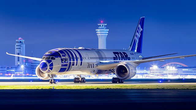 In 2015 All Nippon Airways unveiled a Boeing 787-9 in a special R2-D2 livery, which is colloquially referred to as R2D2JET; this aircraft is seen here