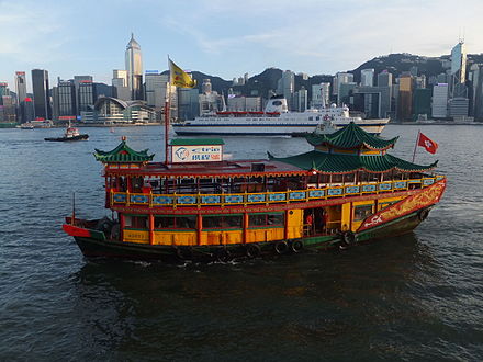 "Traditional" tourist boat sailing past Hong Kong's skyline