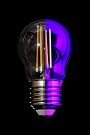 File:An LED filament light bulb in normal and UV light