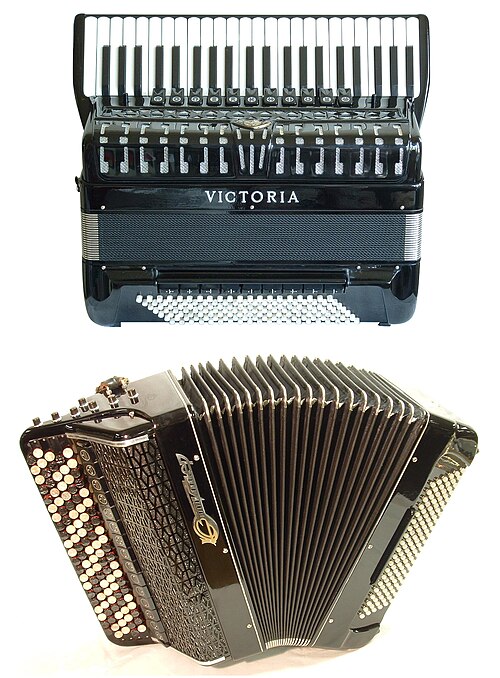 A piano accordion (top) and a button accordion (bottom)