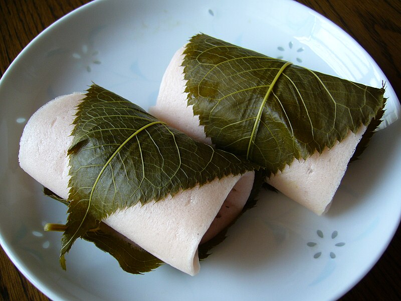 File:A rice cake filled with sweet bean paste and wrapped in a pickled cherry leaf,katori-city,japan.JPG