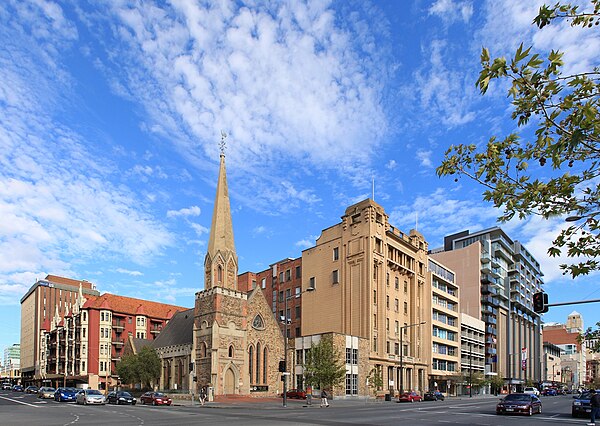 North Terrace intersection with Pulteney Street, looking south-west from Bonython Hall.