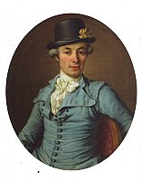 Retrato de Baron Adolf Ludvig Stierneld, hombre de mediana edad, vestido con chaqueta azul claro, camisa blanca con volantes y sombrero de copa negro con detalle dorado