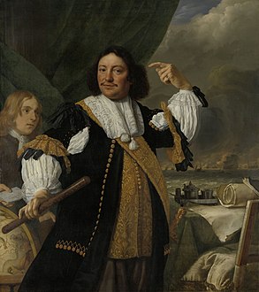 Ludolf Bakhuizen and Bartholomeus van der Helst. Portrait of Aert van Nes (1626-1693) 1668. oil on canvas medium QS:P186,Q296955;P186,Q12321255,P518,Q861259 . 139 × 125 cm (54.7 × 49.2 in). Amsterdam, Rijksmuseum Amsterdam.