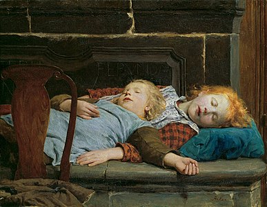 Albert Anker - Zwei schlafende Mädchen auf der Ofenbank (1895).jpg