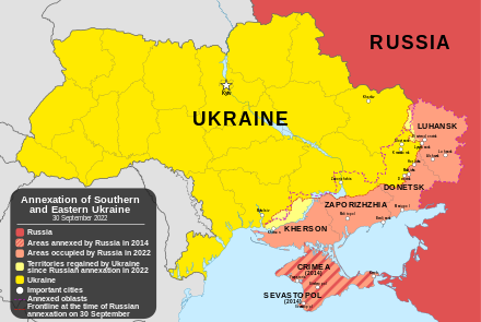 As of January 2023, Russian President Vladimir Putin cited recognition of Russia's sovereignty over the annexed territories (pictured) as a condition for peace talks with Ukraine.[529]