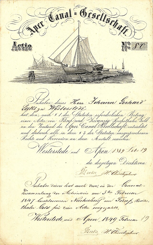 Gründeraktie der Aper Canal-Gesellschaft über 25 Reichstaler Gold, ausgegeben am 19. Februar 1849 in Westerstede und Apen mit Darstellung einer bei der Flussschifffahrt verwendeten Schaluppe