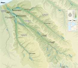 Carte du bassin-versant de la Béthune et des cours d'eau constituant le système dendritique de l'Arques.