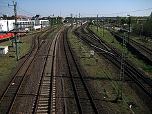 Blick über die Gleise: links der Standort des ehemaligen Bahnbetriebswerks Itzehoe, rechts der Ablaufberg