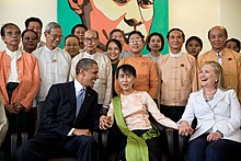 Nobel Peace Prize laureate Aung San Suu Kyi and her staff at her home in Yangon Barack Obama and Hillary Clinton at home of Aung San Suu Kyi.jpg