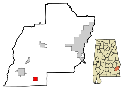 Барбур Каунти Алабама Инкорпорированные и некорпоративные районы Блю-Спрингс Highlighted.svg