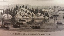 Wilkinson's flotilla off the shore of Bald Island. The force set out in 300 batteaux and other small crafts on 17 October. Battle of Chrysler's Farm.jpg