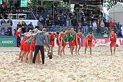 Deutsch: Beachhandball Europameisterschaften 2019 (Beach handball Euro); Tag 6: 7. Juli 2019 – Spiel um Platz Drei, Männer, Ungarn-Russland 2:0 (26:20, 23:22) English: Beach handball Euro; Day 6: 7 July 2019 – Men's Bronze Medal Match – Hungary-Russia 2:0 (26:20, 23:22)