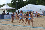 Deutsch: Beachhandball Europameisterschaften 2019 (Beach handball Euro); Tag 2: 3. Juli 2019 – Frauen, Vorrunde Gruppe D, Dänemark-Russland 2:0 (21:16, 18:12) English: Beach handball Euro; Day 2: 3 July 2019 – Women Preliminary Round Group D – Denmark-Russia 2:0 (21:16, 18:12)