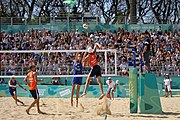 Deutsch: Beachvolleyball bei den Olympischen Jugendspielen 2018; Tag 11, 17. Oktober 2018; Jungen,Finale – Niederlande (Matthew Immers/Yorick de Groot)-Schweden (David Åhman/Jonatan Hellvig) 0:2 (20–22/15–21) English: Beach volleyball at the 2018 Summer Youth Olympics at 17 October 2018 – Final – Netherlands (Matthew Immers/Yorick de Groot)-Sweden (David Åhman/Jonatan Hellvig) 0:2 (20–22/15–21)