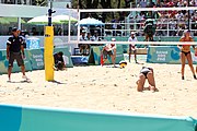 Deutsch: Beachvolleyball bei den Olympischen Jugendspielen 2018; Tag 9, 15. Oktober 2018; Mädchen, Viertelfinale: USA-Spanien 2–1 (21–19/17–21/15–9) English: Beach volleyball at the 2018 Summer Youth Olympics at 15 October 2018 – Girls Quarterfinals: USA-Spain 2–1 (21–19/17–21/15–9)