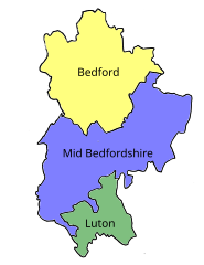 Mapa parlamentních volebních obvodů v Bedfordshire v letech 1918-1950