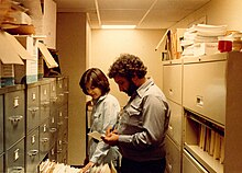 Co-producer Bill Lichtenstein, in Oklahoma, reviewing state licensing records during production of Throwaway Kids for ABC News 20/20 (1981) Bill in OKC 1982.jpg