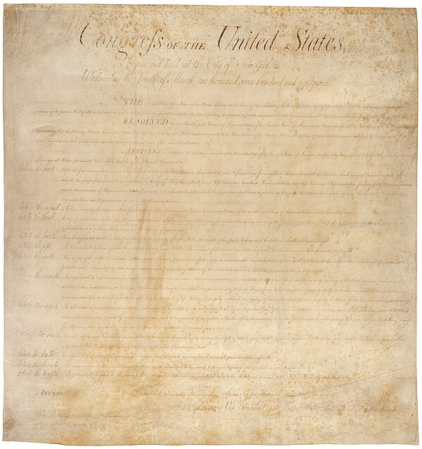 First page of an original copy of the twelve proposed articles of amendment, as passed by Congress