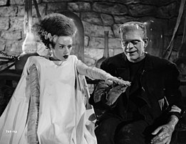 The Bride's lightning-streaked hairdo is an iconic symbol of the character and the film. Brideoffrankenstein.jpg