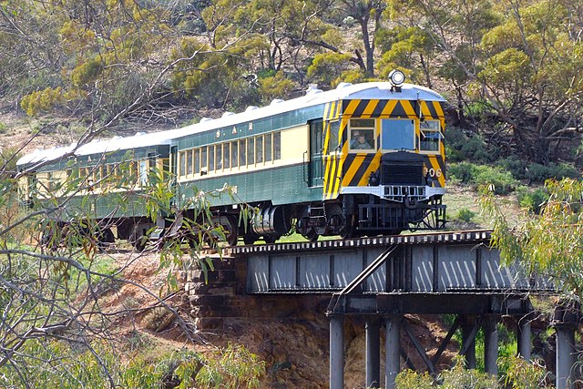 Preserved South Australian Railways narrow-bodied Brill Model 75 railcar no. 106 on the Pichi Richi Railway heritage line in 2006.