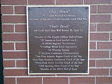 Plaque honoring Citadel coach Chal Port outside the Bulldogs clubhouse Chal Port Plaque.jpg