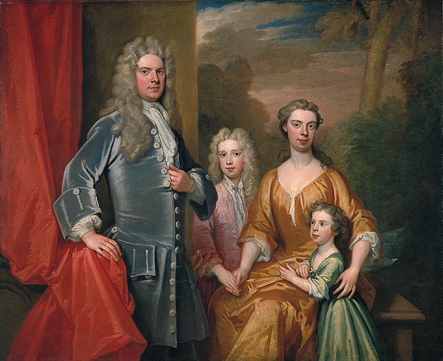 Henry Brydges (later 2nd Duke of Chandos) aged about five, pictured in 1713 with his father James Brydges (later 1st Duke of Chandos), his elder broth