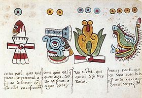 The reverse of folio 11 of the Codex Magliabechiano, showing the day signs Flint (knife), Rain, Flower, and Crocodile. Codex Magliabechiano 11R.jpg